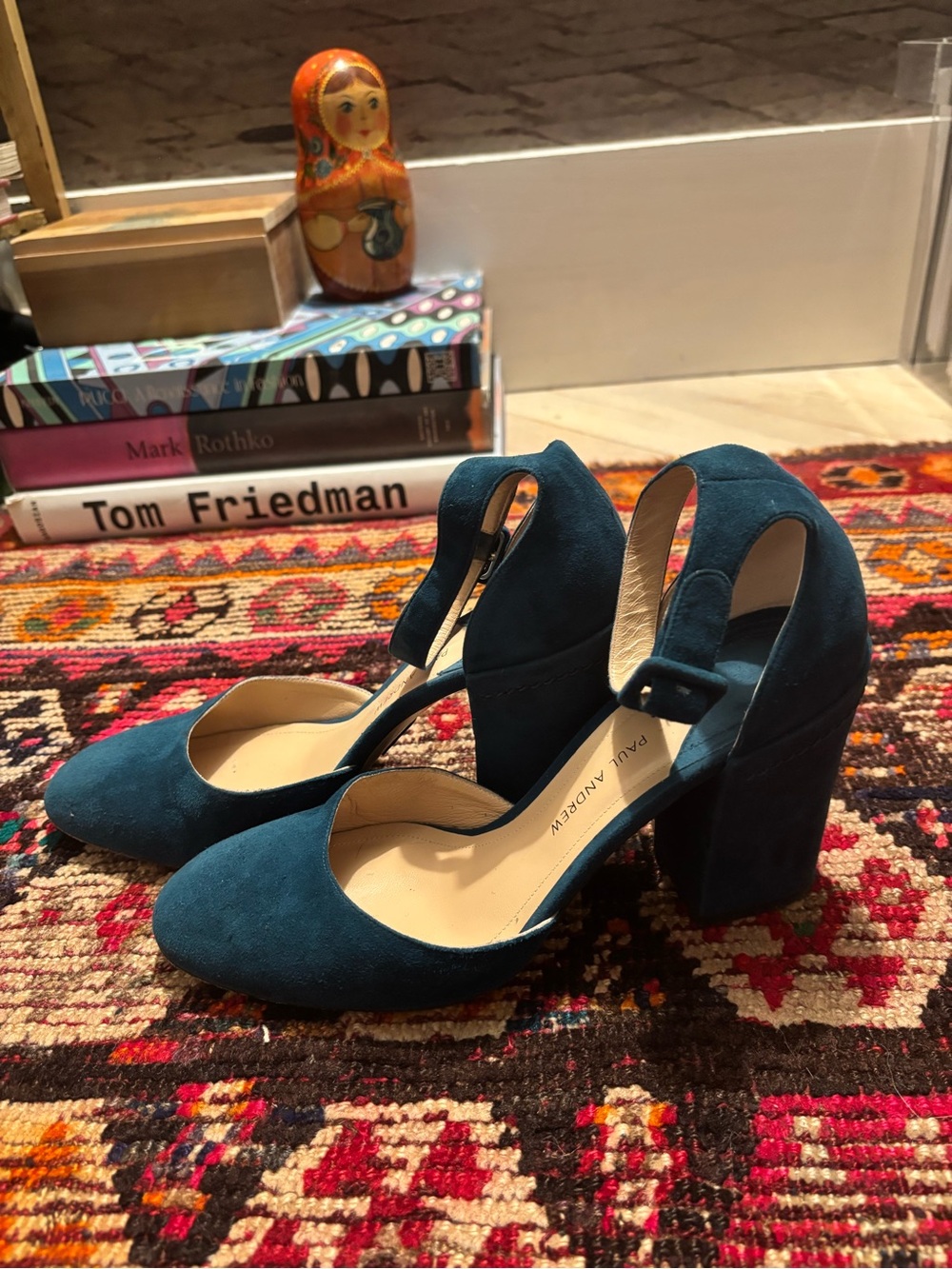Paul Andrew Teal Suede Mary Jane Block Heels